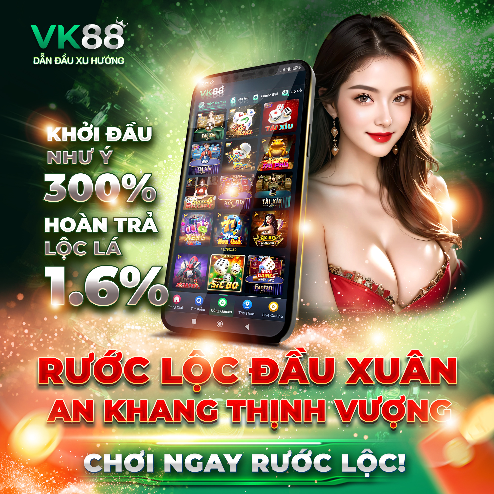 Khuyến mãi khởi đầu như ý 300% hoàn trả lộc lá 1.6% tại VK88